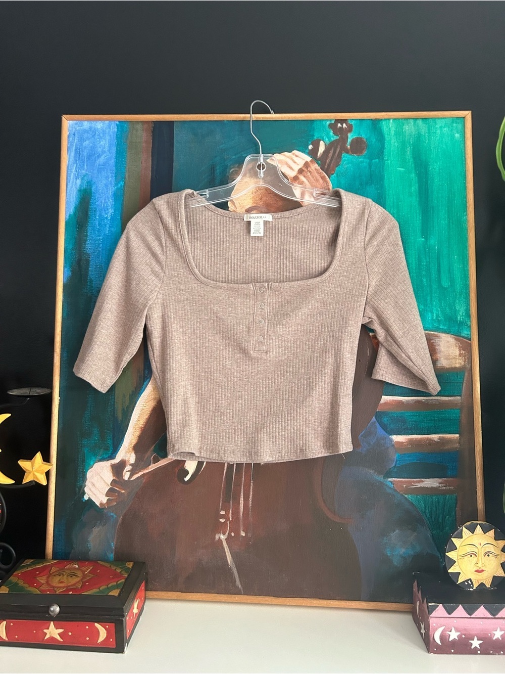 Bozzolo Y2K Taupe Ribbed Square Neck Henley Crop Top Size L